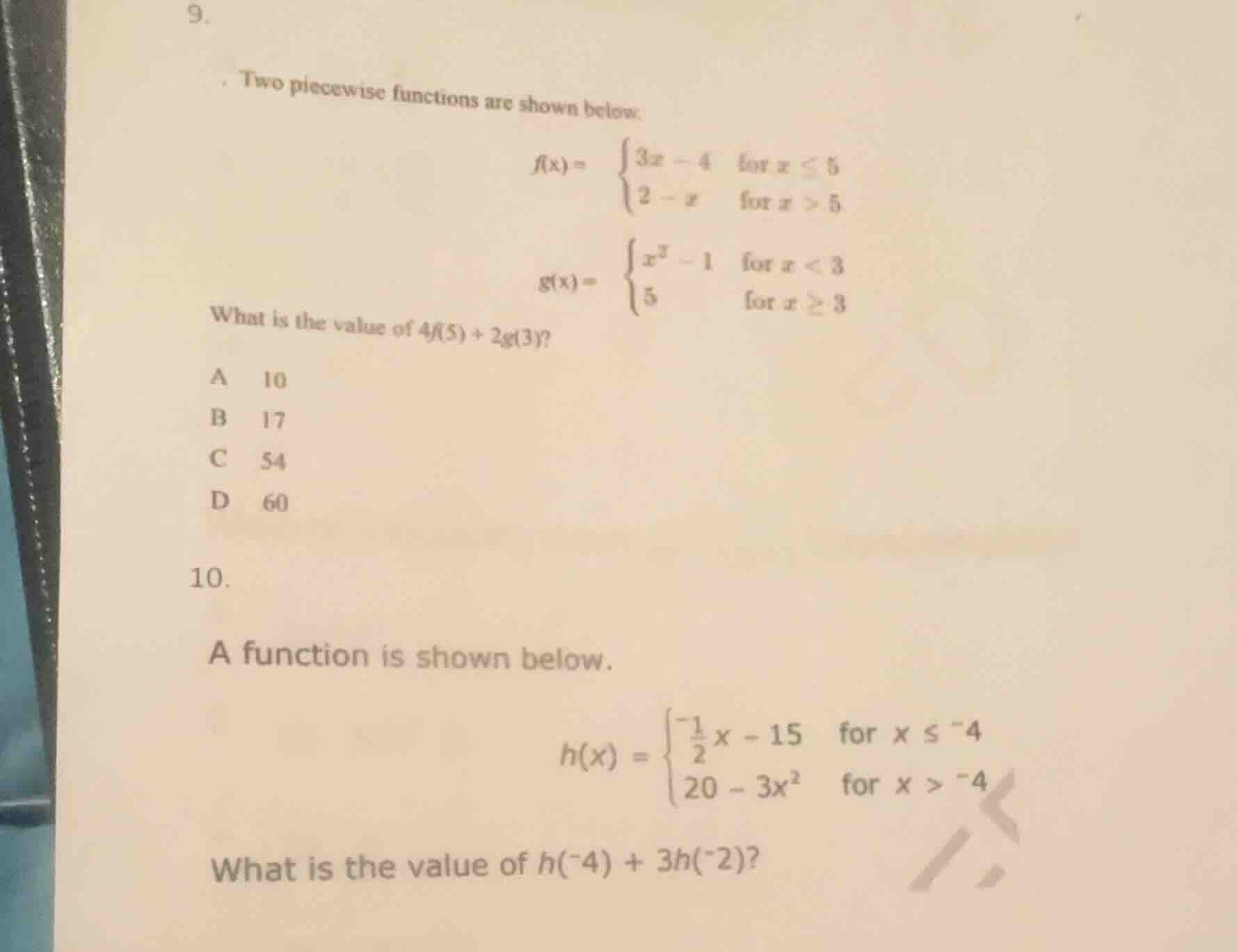9. two piecewise functions are shown below: $f(x)= \\begin{cases} 3x - …