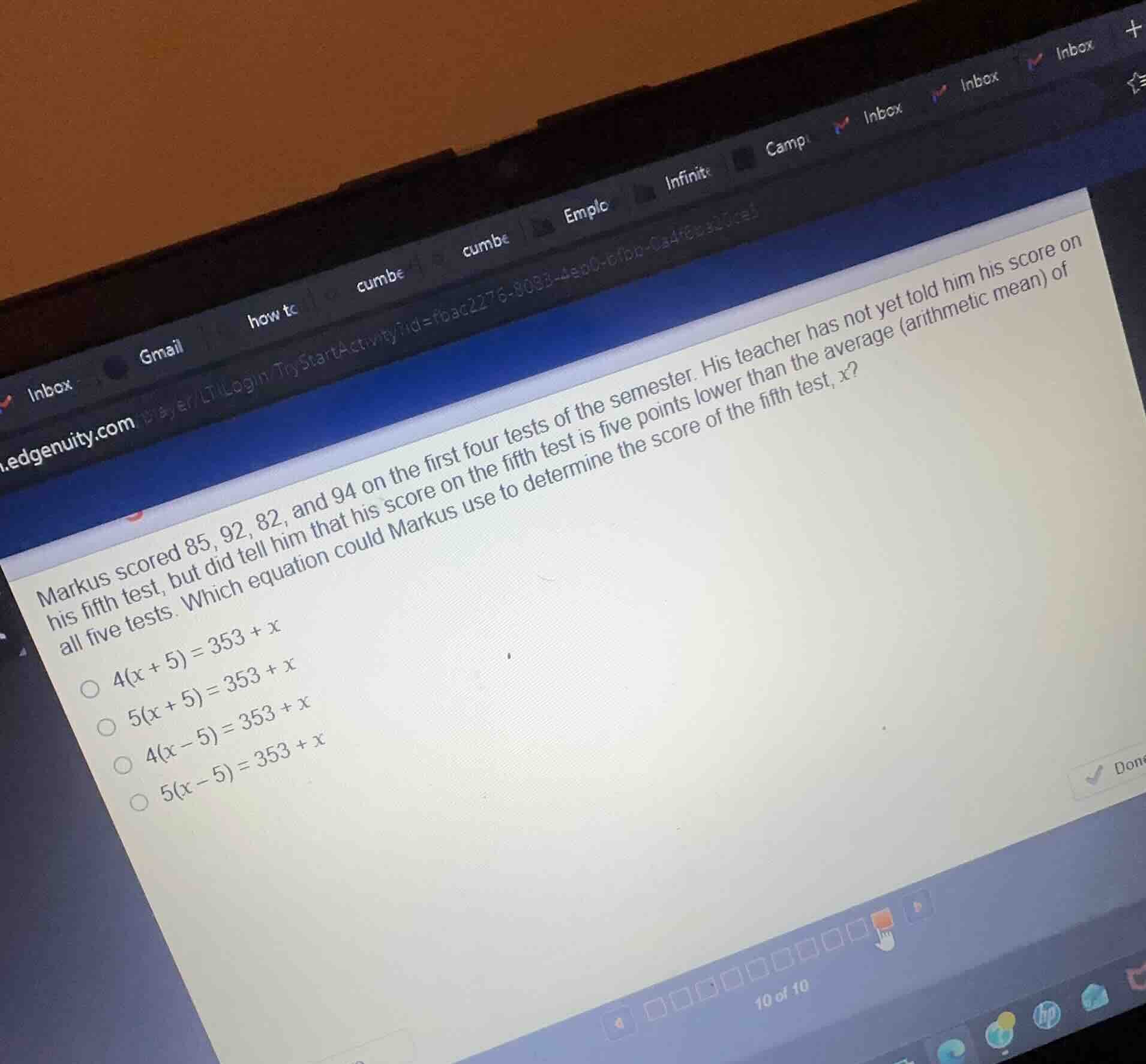 markus scored 85, 92, 82, and 94 on the first four tests of the semeste…