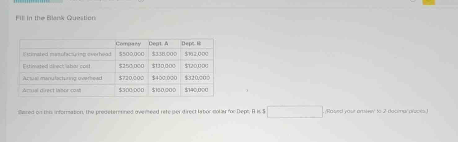 fill in the blank question | | company | dept. a | dept. b | | --- | --…