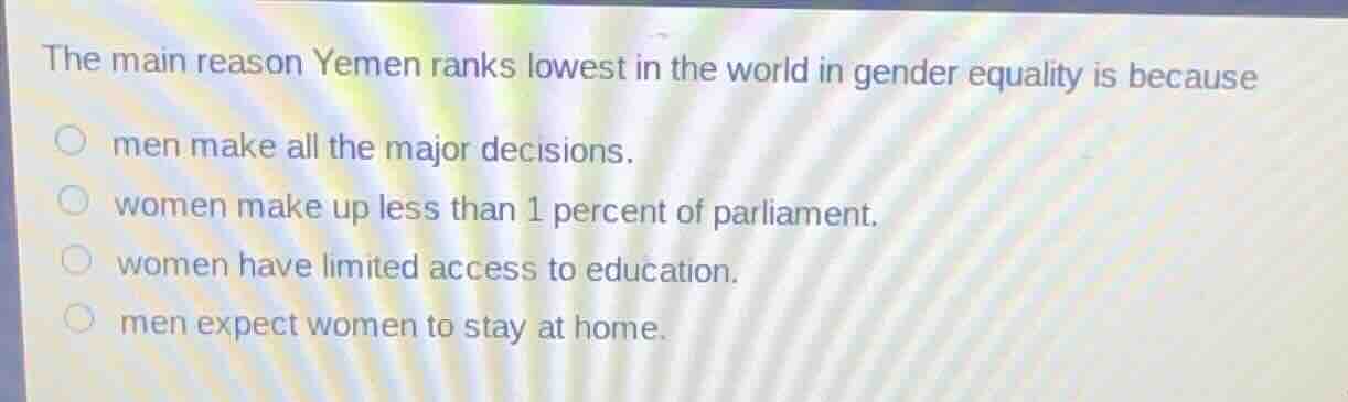 the main reason yemen ranks lowest in the world in gender equality is b…