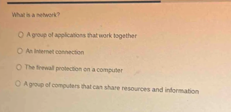 what is a network? ○ a group of applications that work together ○ an in…