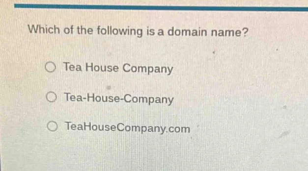 which of the following is a domain name? ○ tea house company ○ tea - ho…