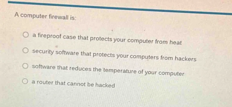 a computer firewall is: a fireproof case that protects your computer fr…
