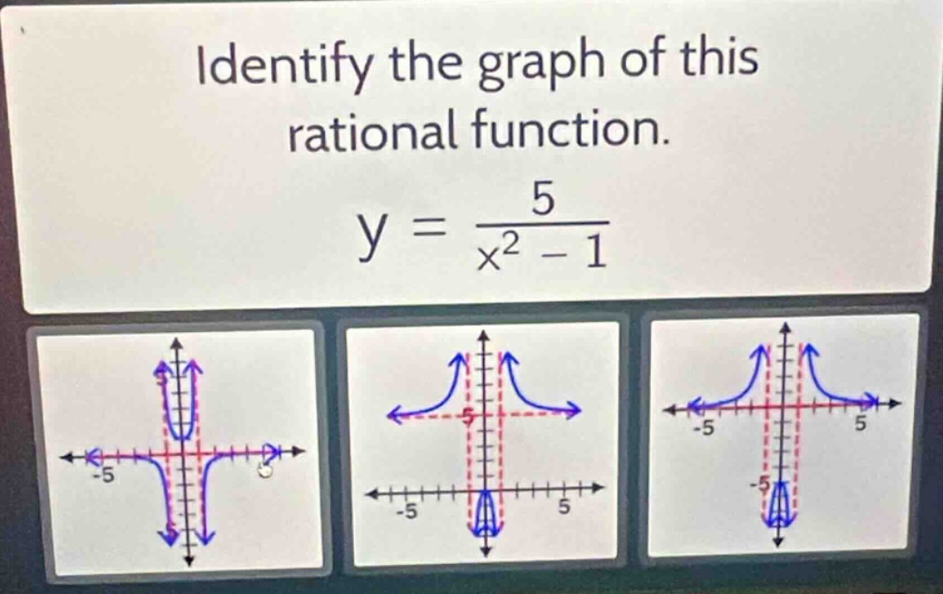 identify the graph of this rational function. $y = \\frac{5}{x^2 - 1}$