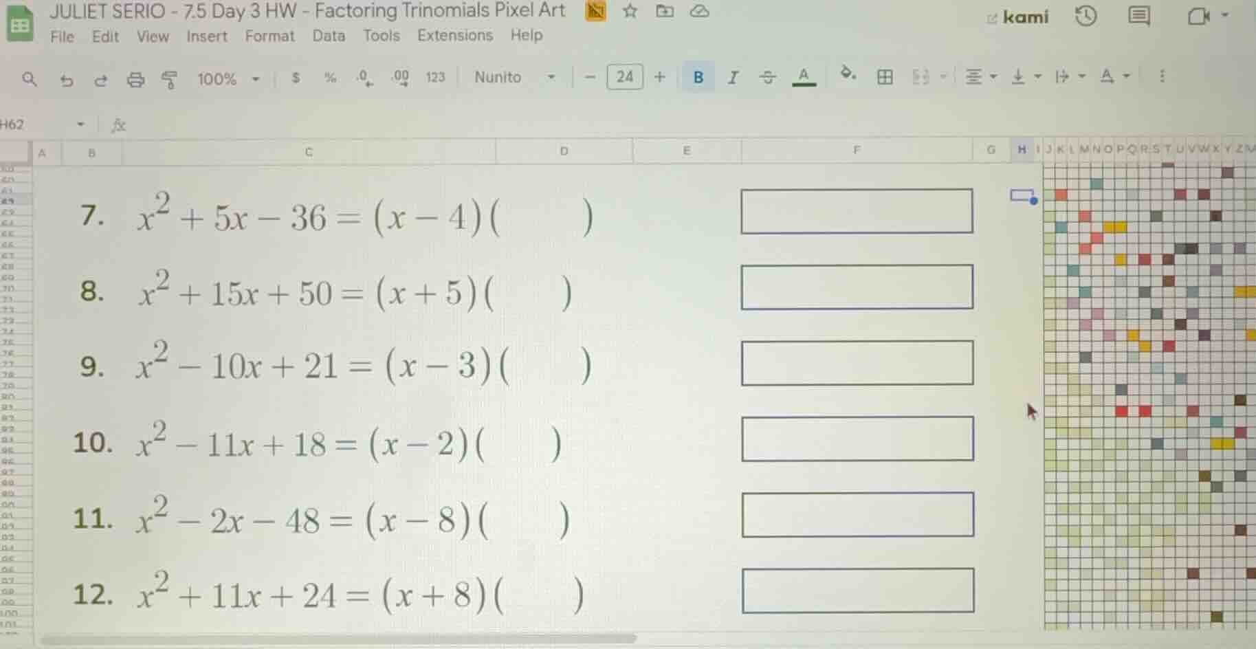 7. $x^2 + 5x - 36 = (x - 4)(quad)$ 8. $x^2 + 15x + 50 = (x + 5)(quad)$ …