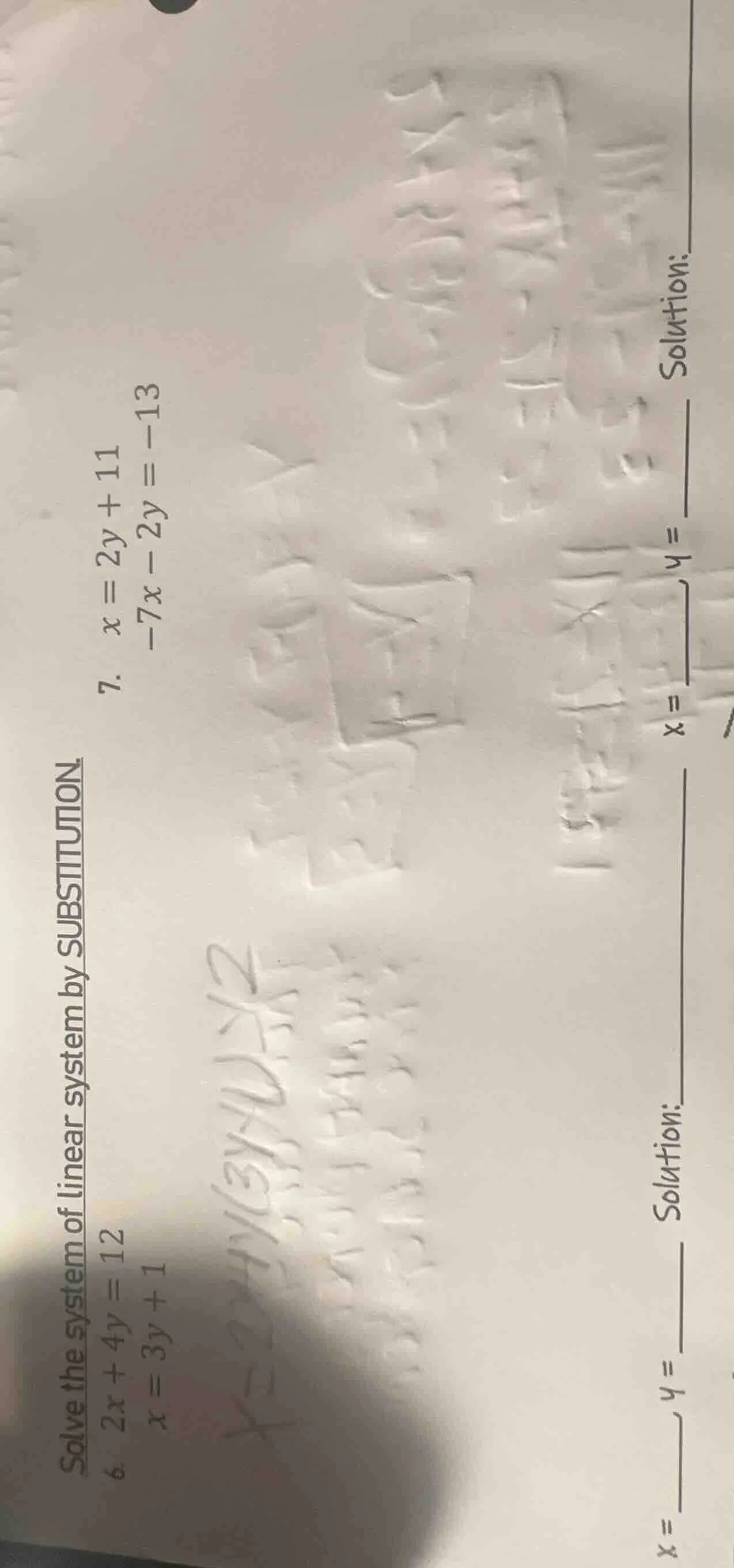 solve the system of linear system by substitution. 6. ( 2x + 4y = 12 ) …