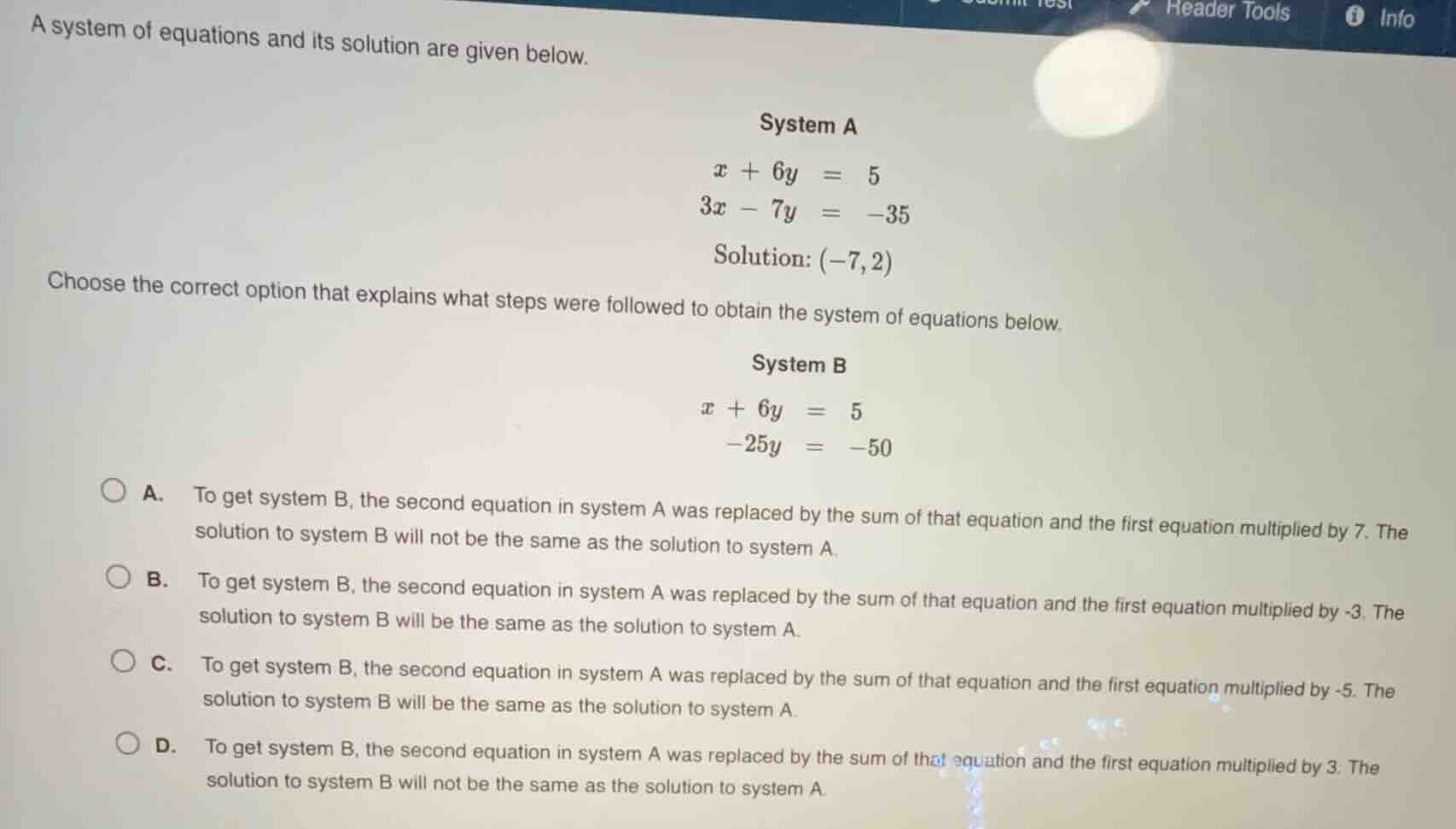 a system of equations and its solution are given below. system a $x + 6…