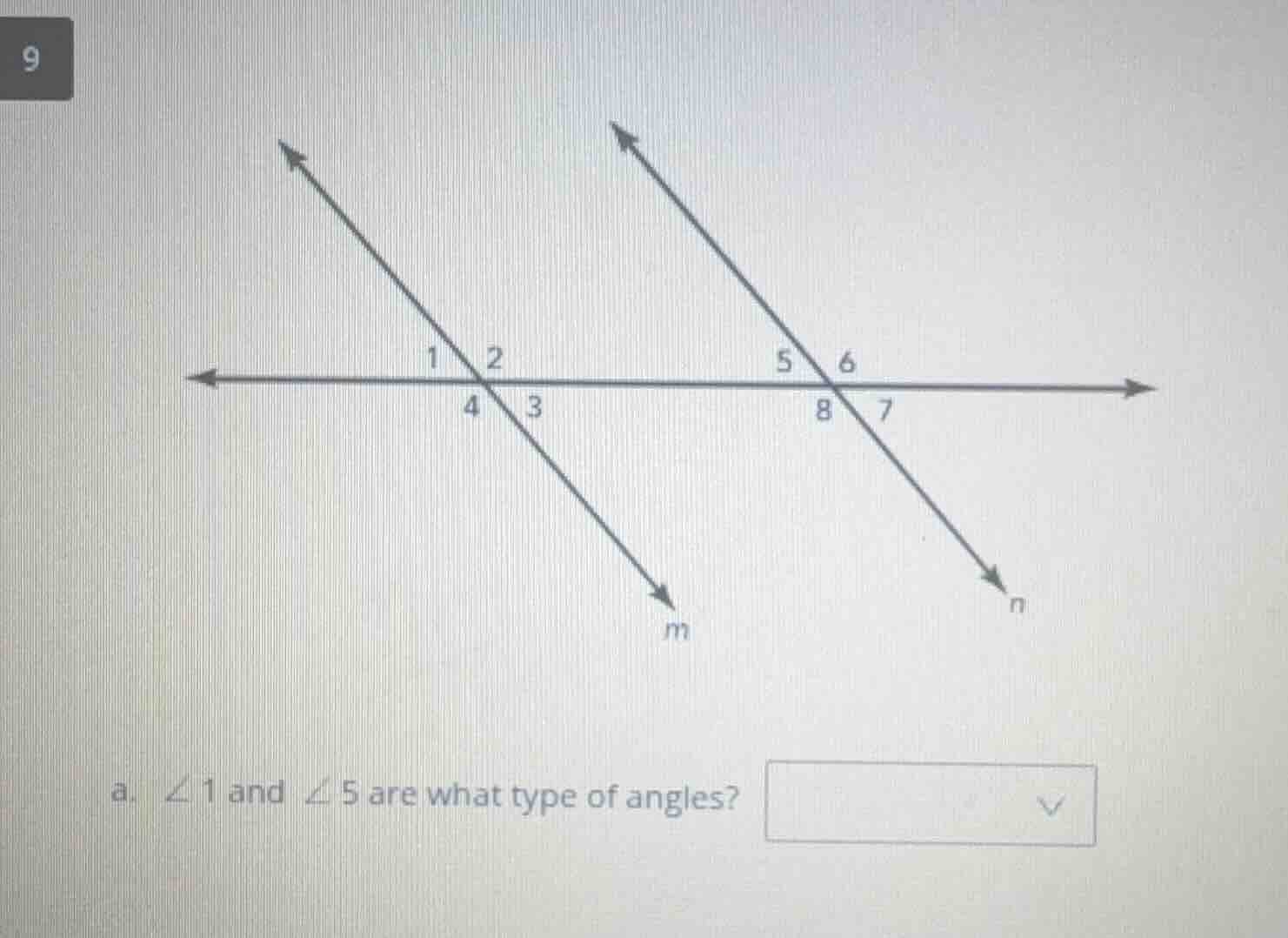 9 a. $\\angle 1$ and $\\angle 5$ are what type of angles?