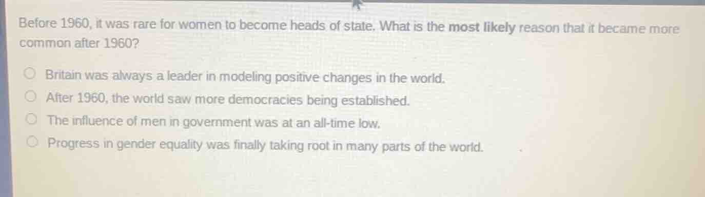 before 1960, it was rare for women to become heads of state. what is th…