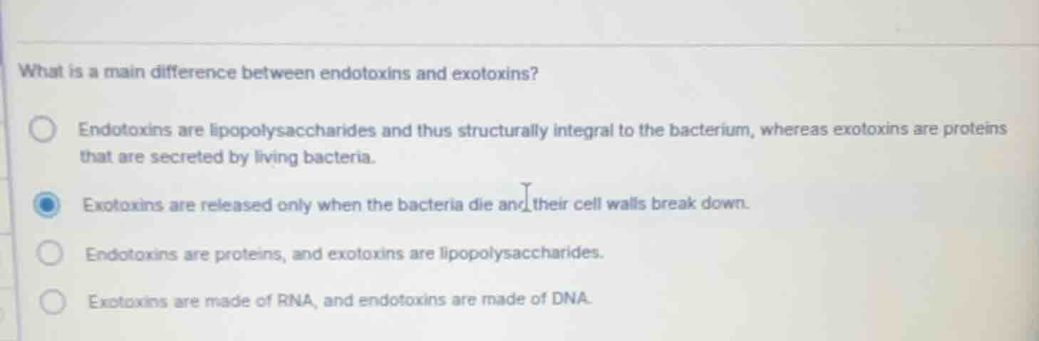 what is a main difference between endotoxins and exotoxins? endotoxins …