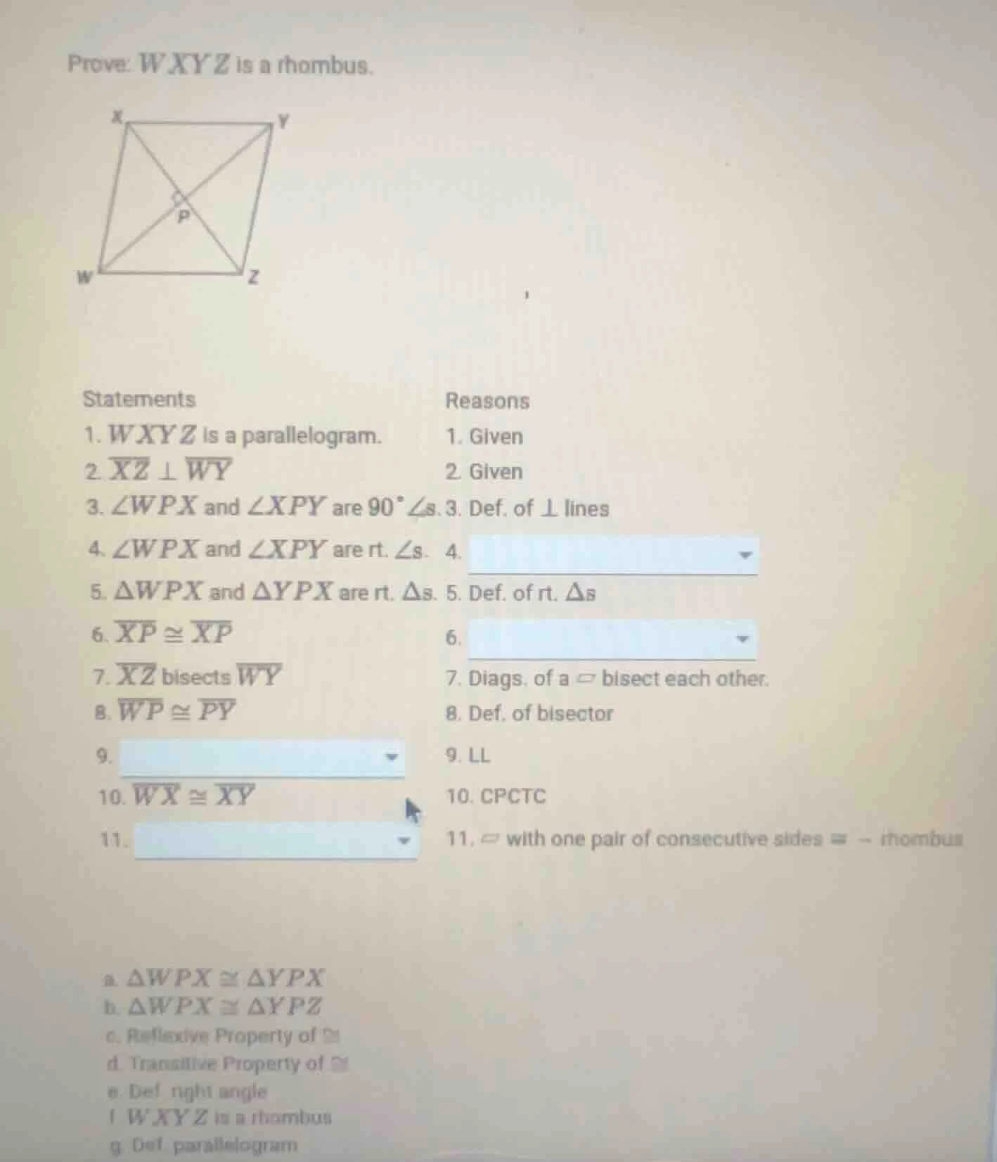 prove: wxyz is a rhombus. statements\treasons 1. wxyz is a parallelogra…