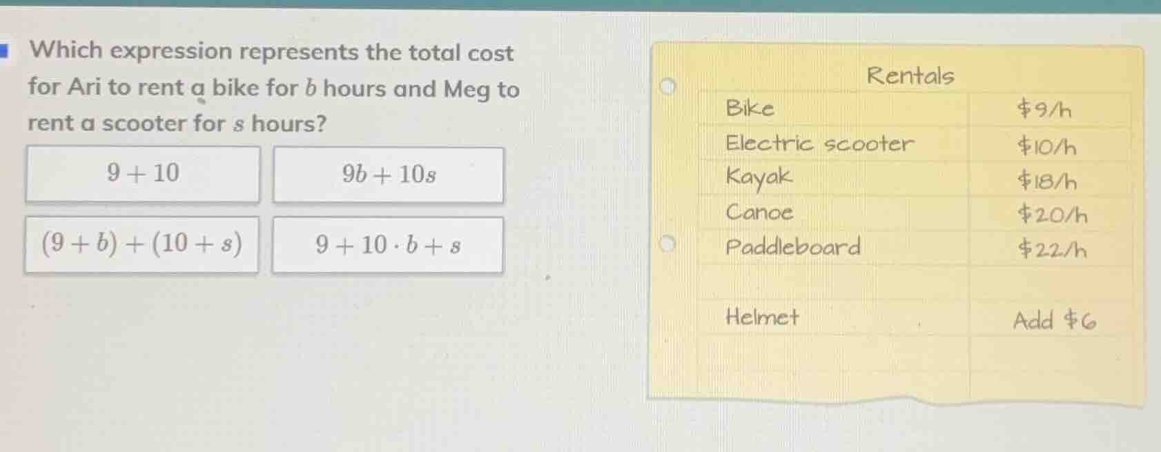 which expression represents the total cost for ari to rent a bike for b…