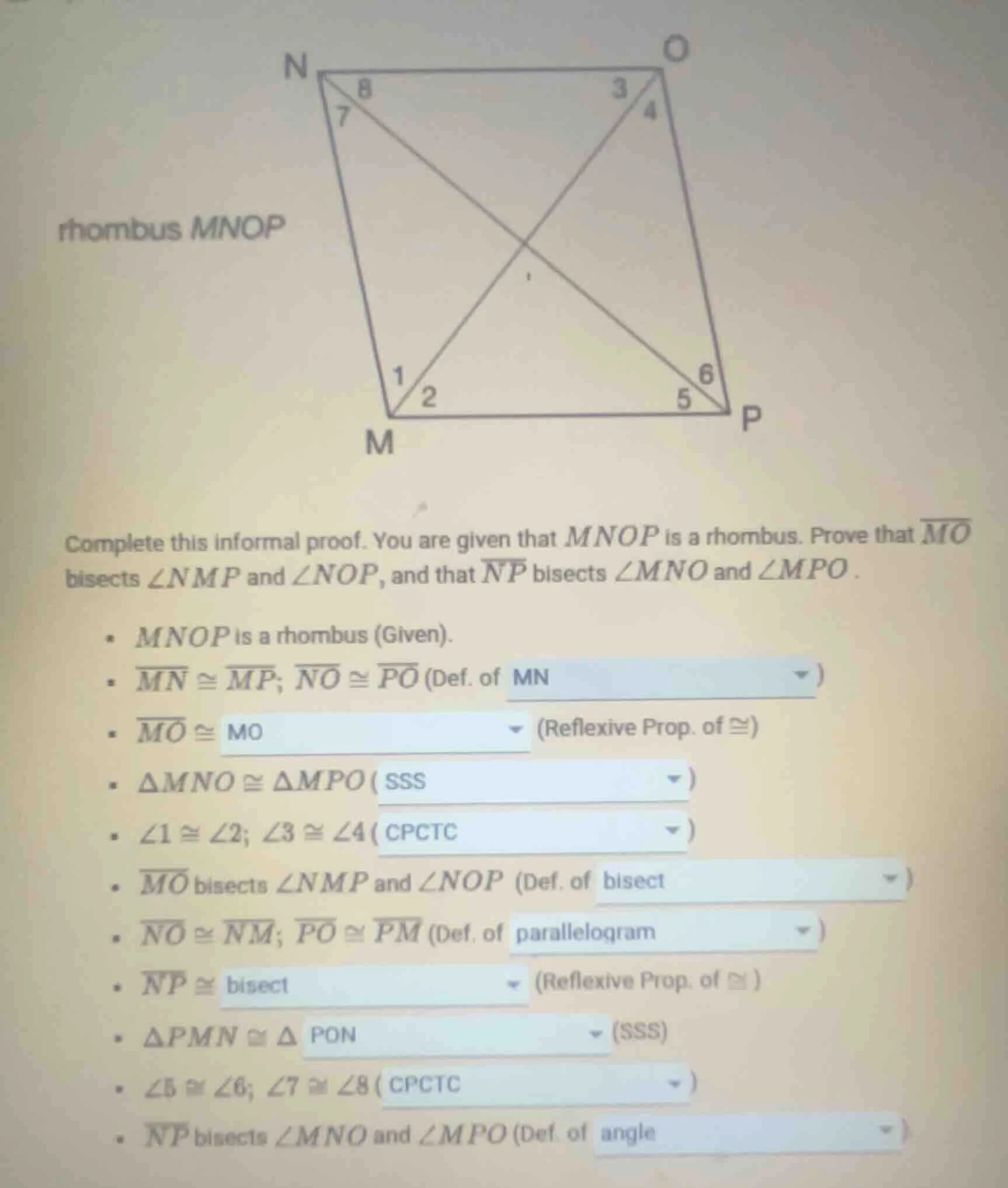 rhombus mnop complete this informal proof. you are given that mnop is a…