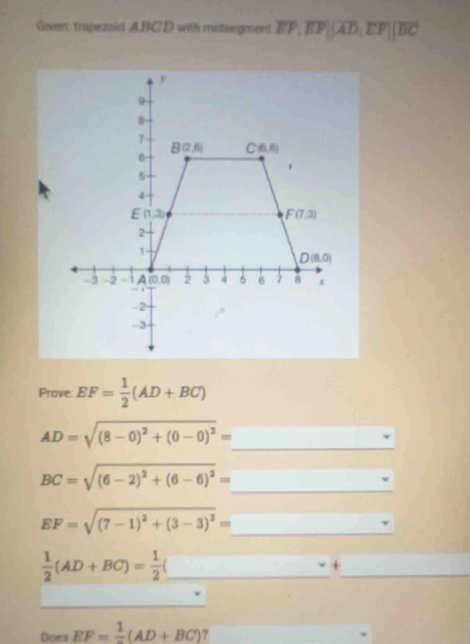 given trapezoid (abcd) with midsegment (ef), (ef parallel ad), (ef para…