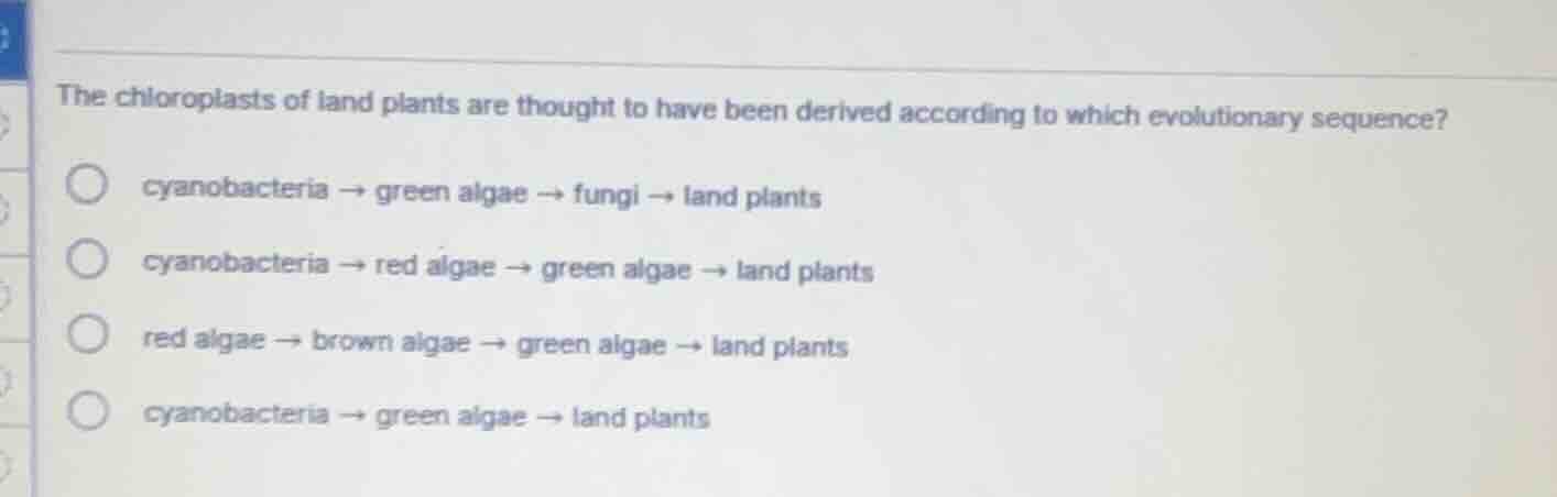 the chloroplasts of land plants are thought to have been derived accord…