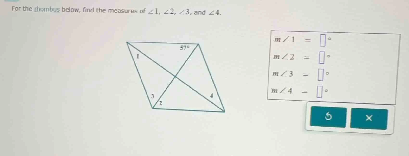 for the rhombus below, find the measures of $\\angle 1$, $\\angle 2$, $…