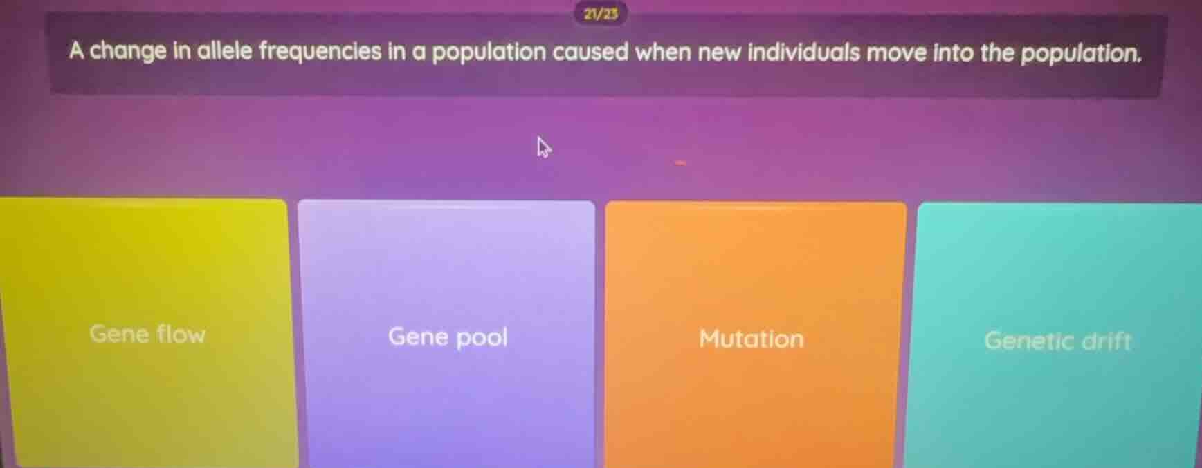 a change in allele frequencies in a population caused when new individu…