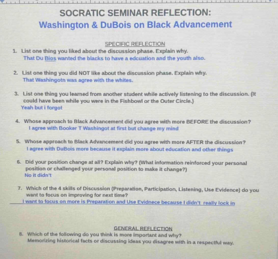 socratic seminar reflection: washington & dubois on black advancement s…