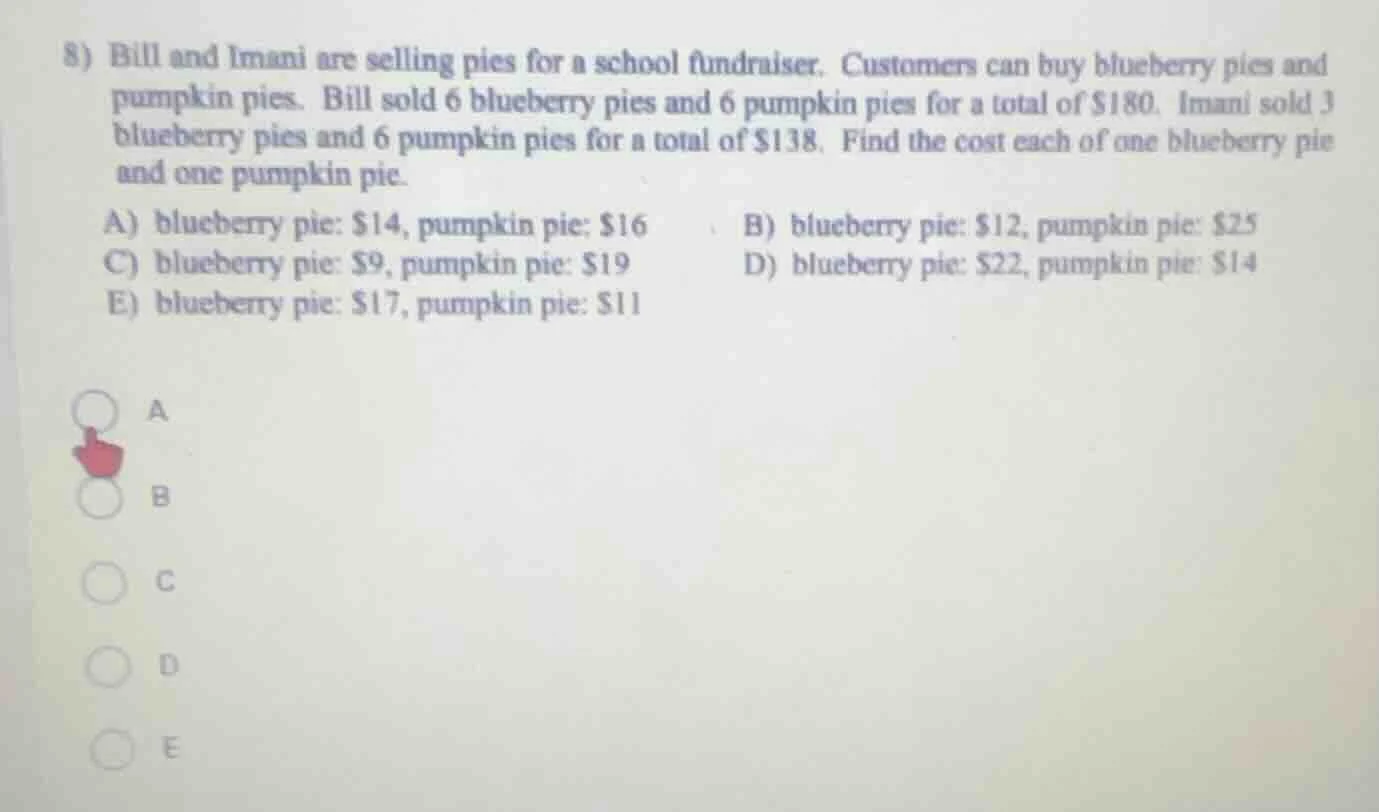 8) bill and imani are selling pies for a school fundraiser. customers c…