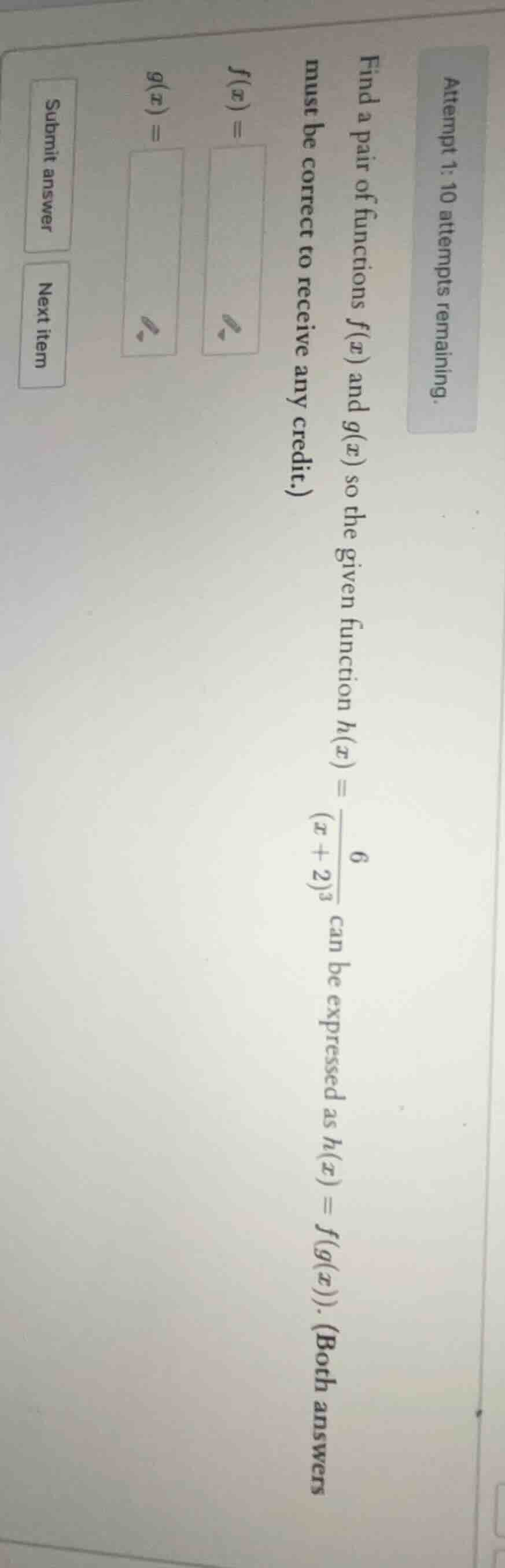 attempt 1: 10 attempts remaining. find a pair of functions ( f(x) ) and…