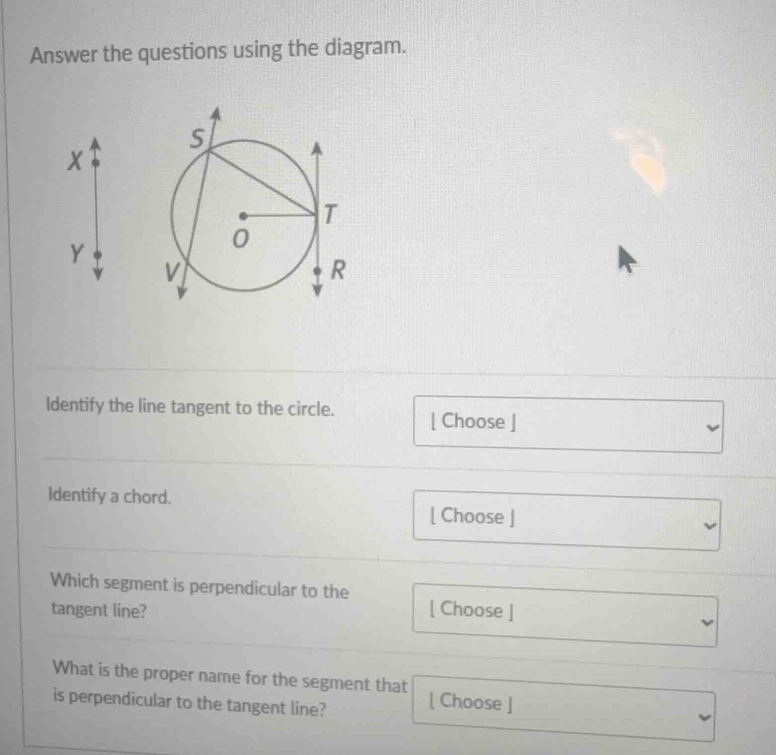 answer the questions using the diagram. identify the line tangent to th…