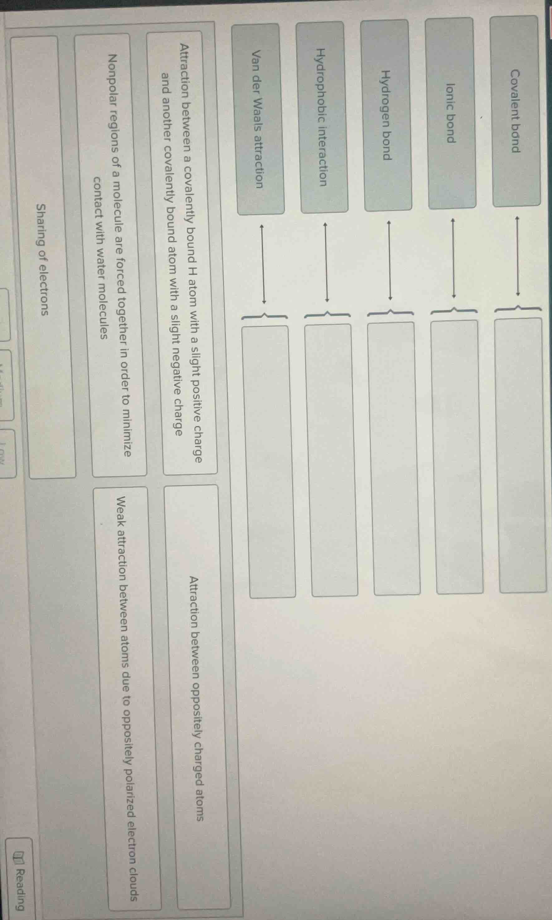 covalent bond ionic bond hydrogen bond hydrophobic interaction van der …