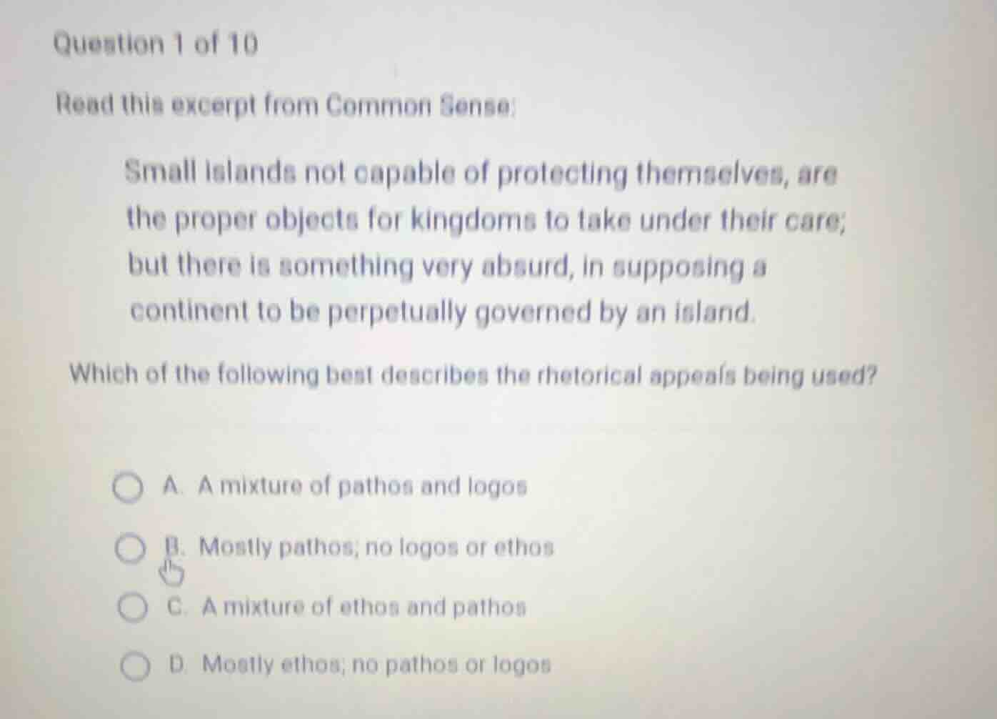 question 1 of 10 read this excerpt from common sense: small islands not…
