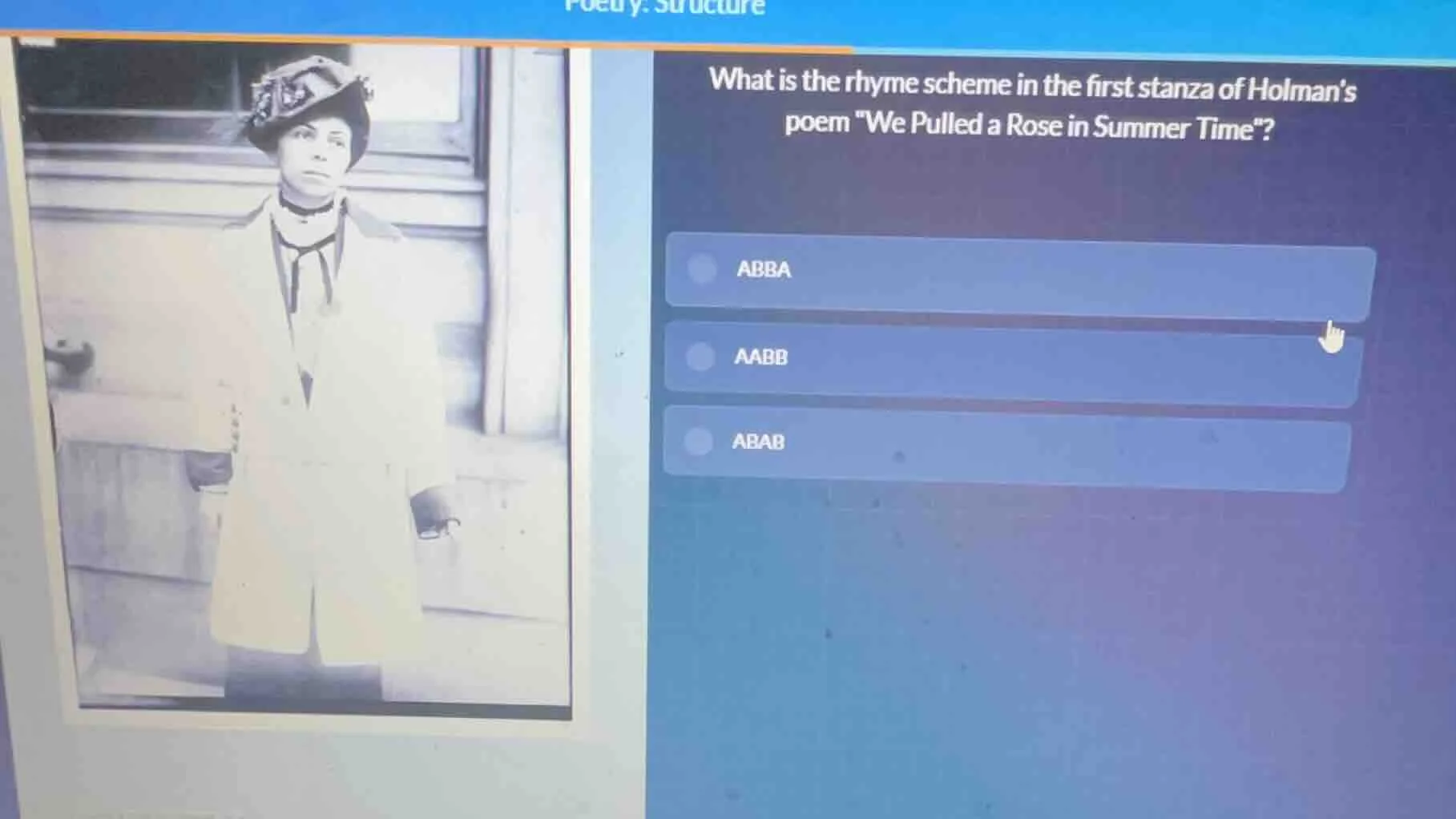 what is the rhyme scheme in the first stanza of holman’s poem \we pulle…