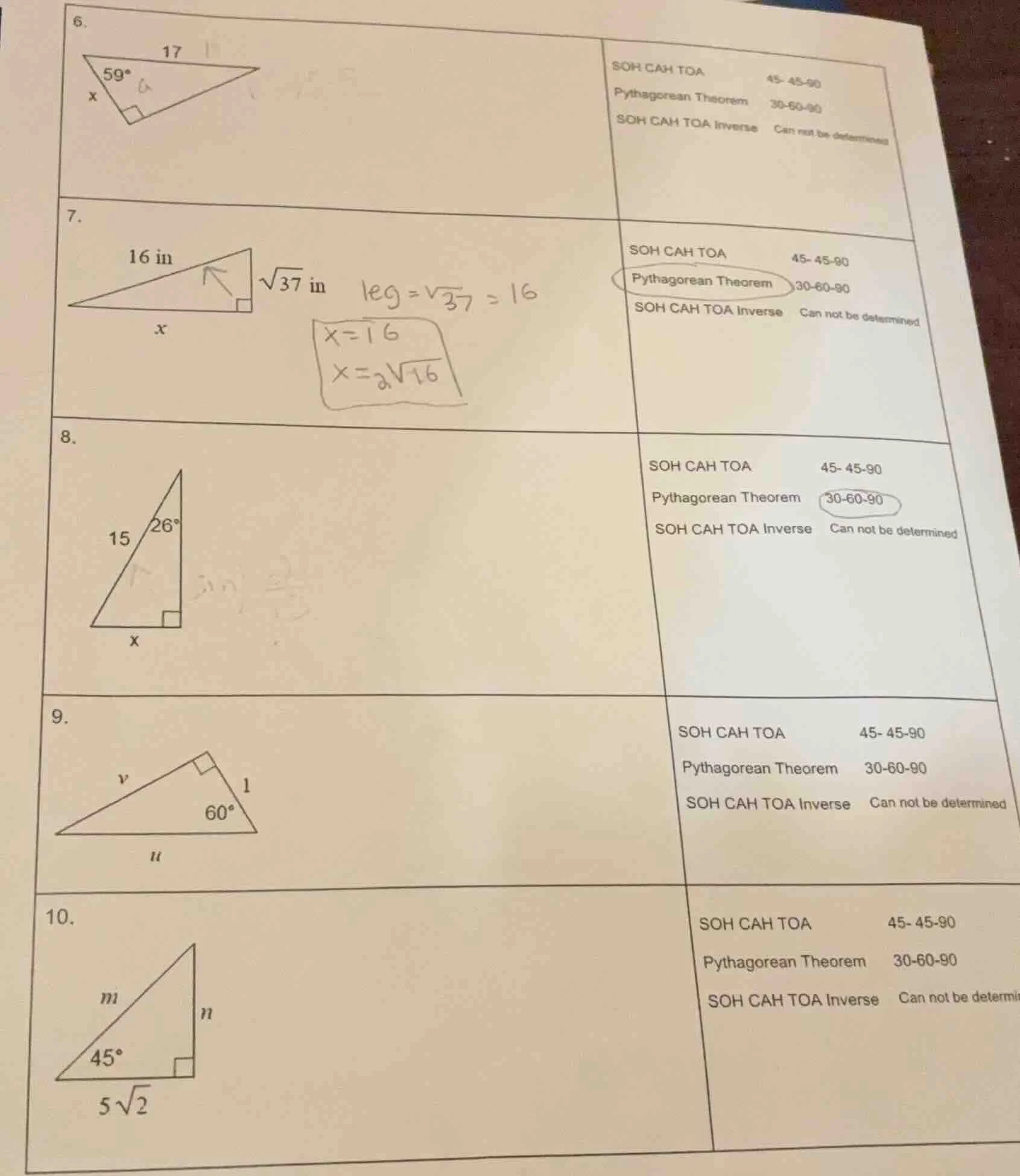6. 7. 16 in, \\(\\sqrt{37}\\) in, x 8. 15, 26°, x 9. v, 1, 60°, u 10. m…