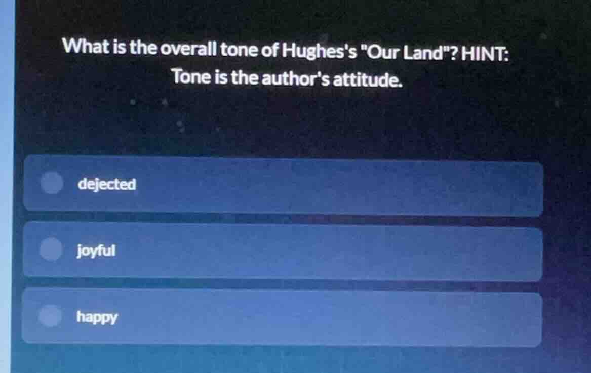 what is the overall tone of hughess \our land\? hint: tone is the autho…