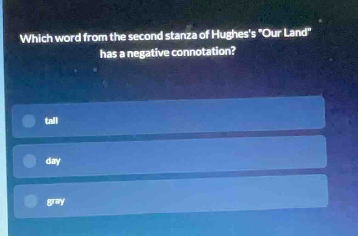 which word from the second stanza of hughess \our land\ has a negative …