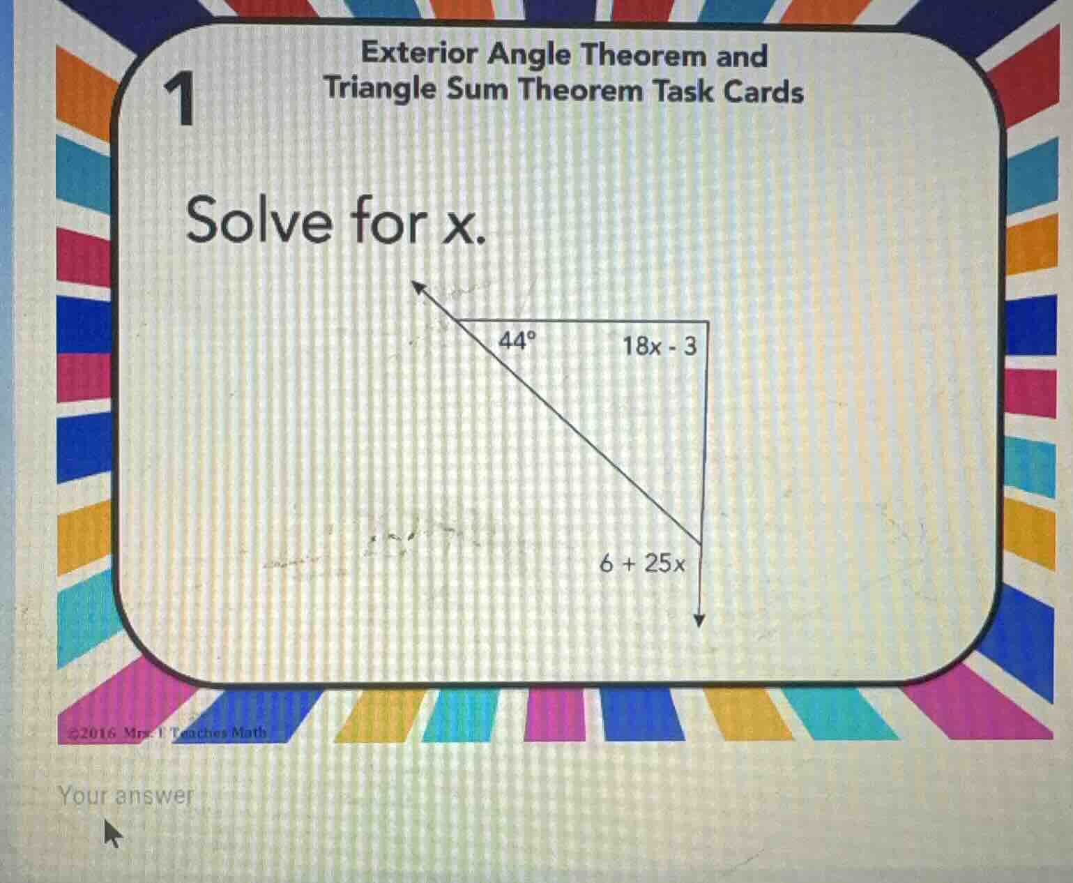 exterior angle theorem and triangle sum theorem task cards 1 solve for …