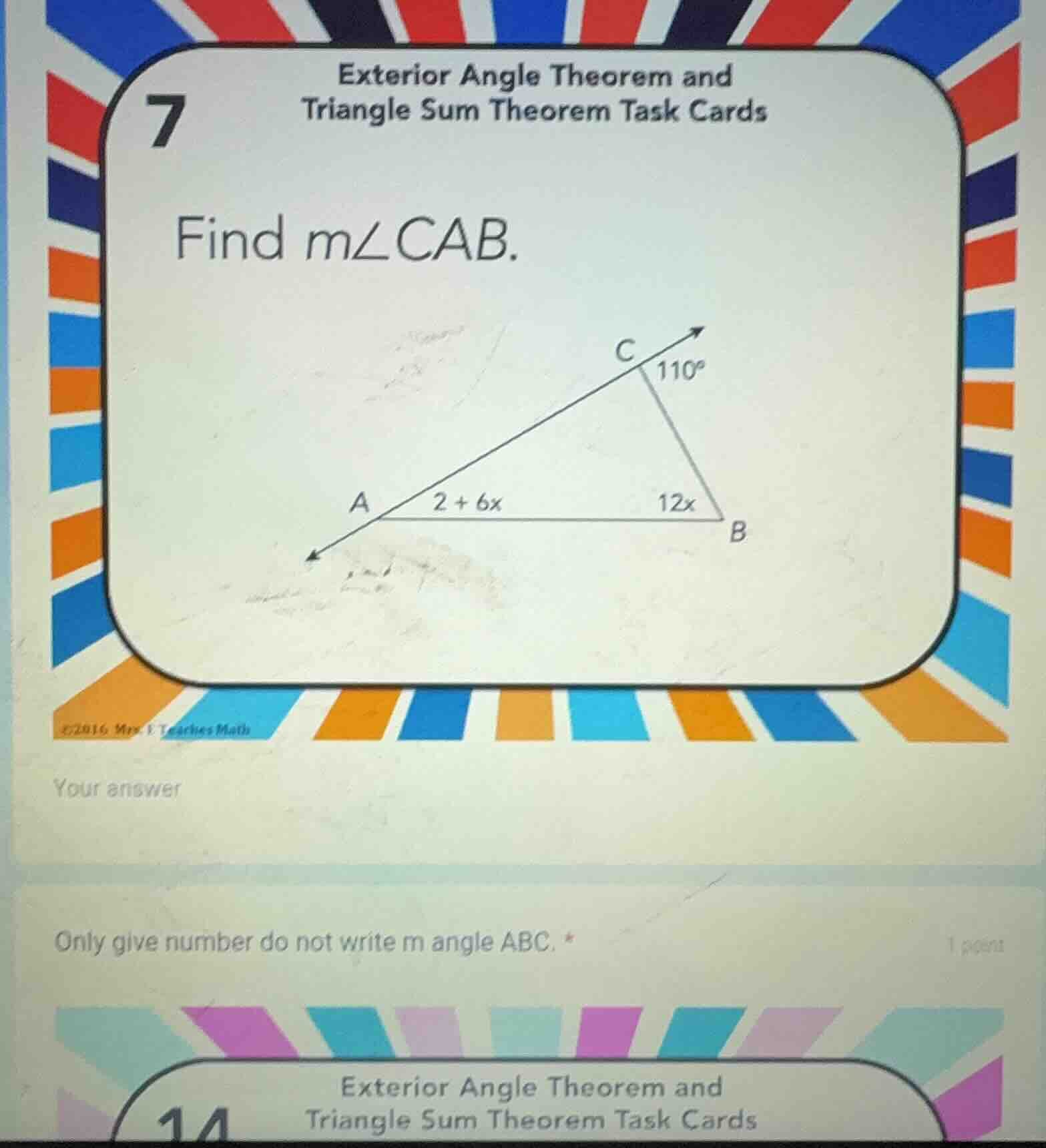 7 exterior angle theorem and triangle sum theorem task cards find ( man…
