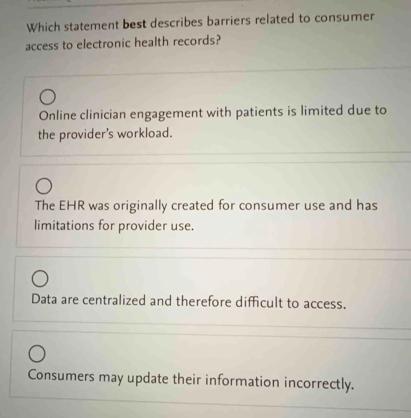which statement best describes barriers related to consumer access to e…