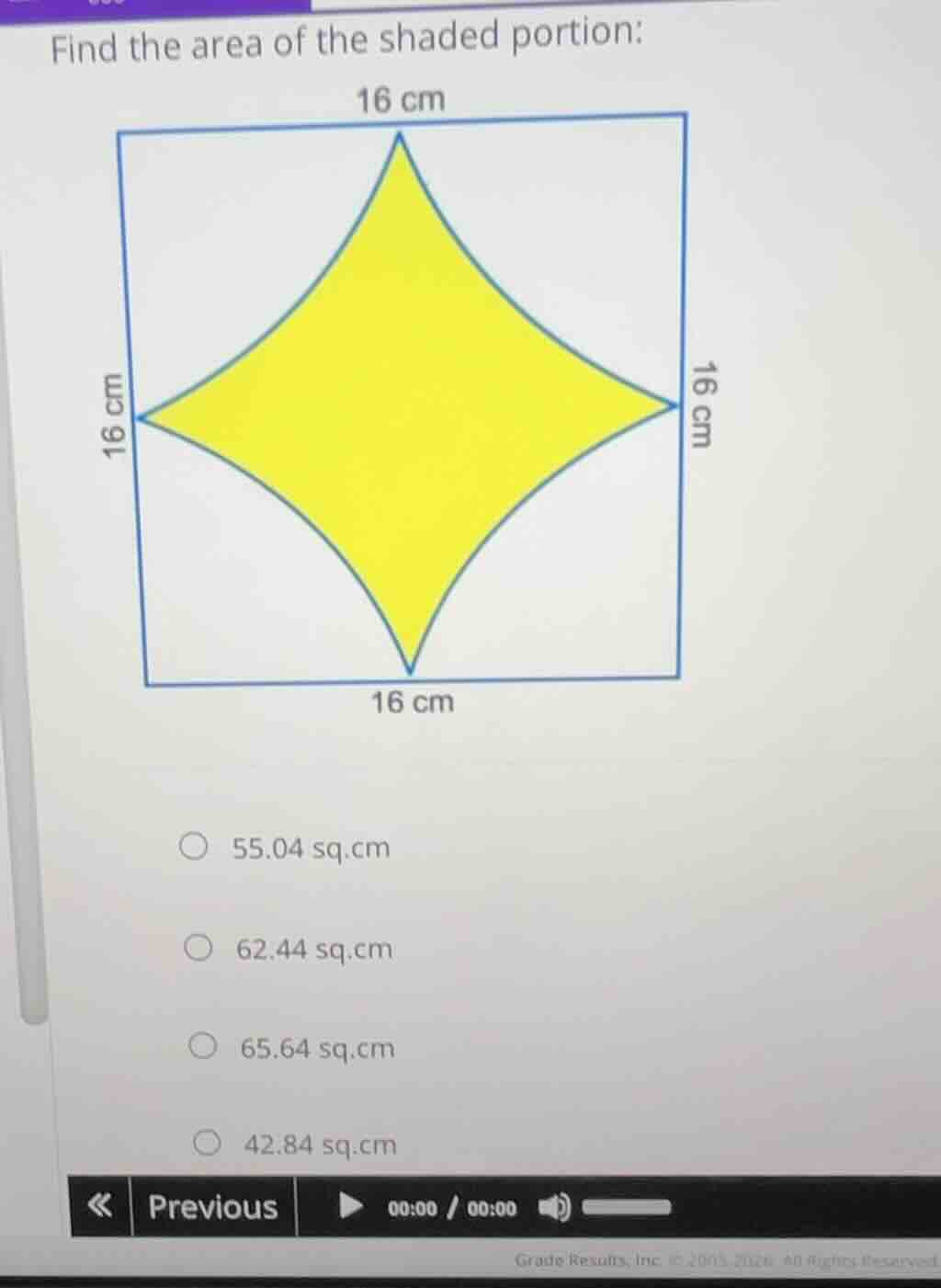 find the area of the shaded portion: 16 cm 16 cm 16 cm 16 cm 55.04 sq.c…