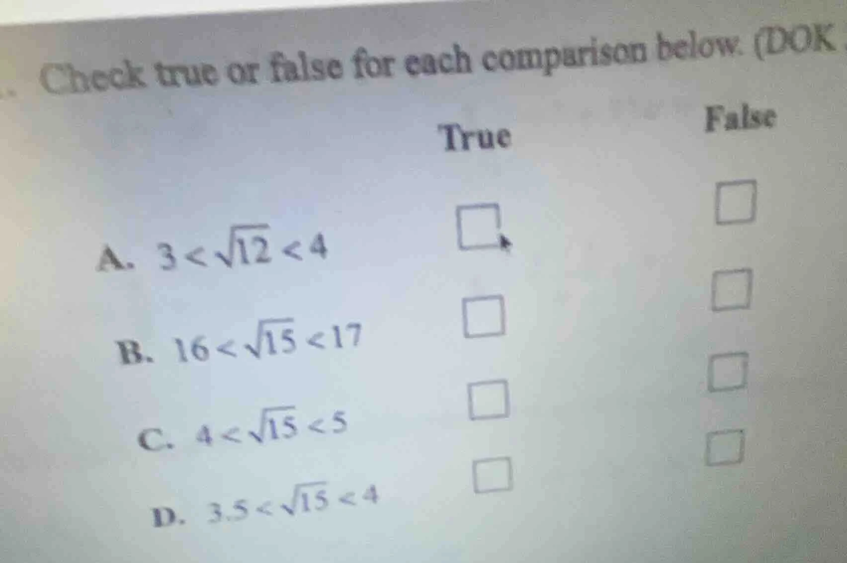check true or false for each comparison below. (dok a. $3 < \\sqrt{12} …