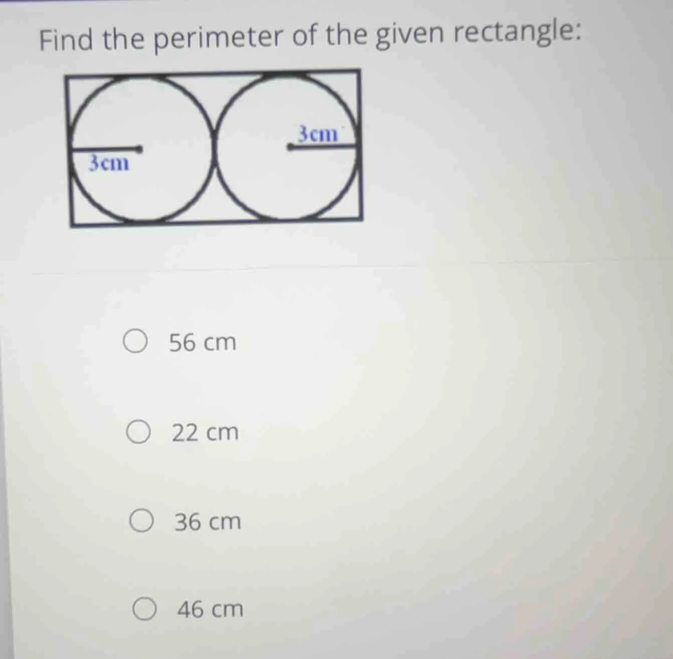 find the perimeter of the given rectangle: 3cm 3cm 56 cm 22 cm 36 cm 46…