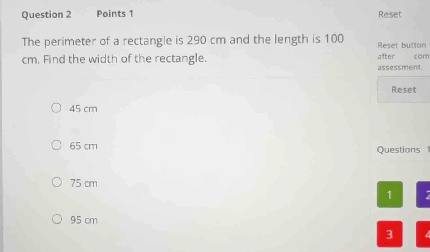 question 2 points 1 the perimeter of a rectangle is 290 cm and the leng…