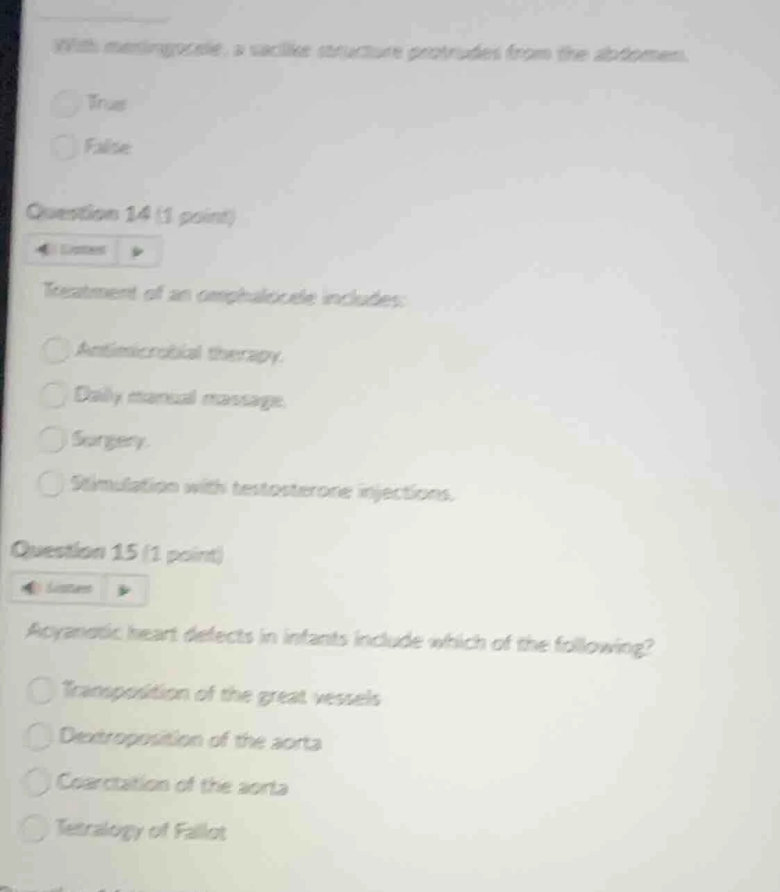 with meningocele, a saclike structure protrudes from the abdomen. true …