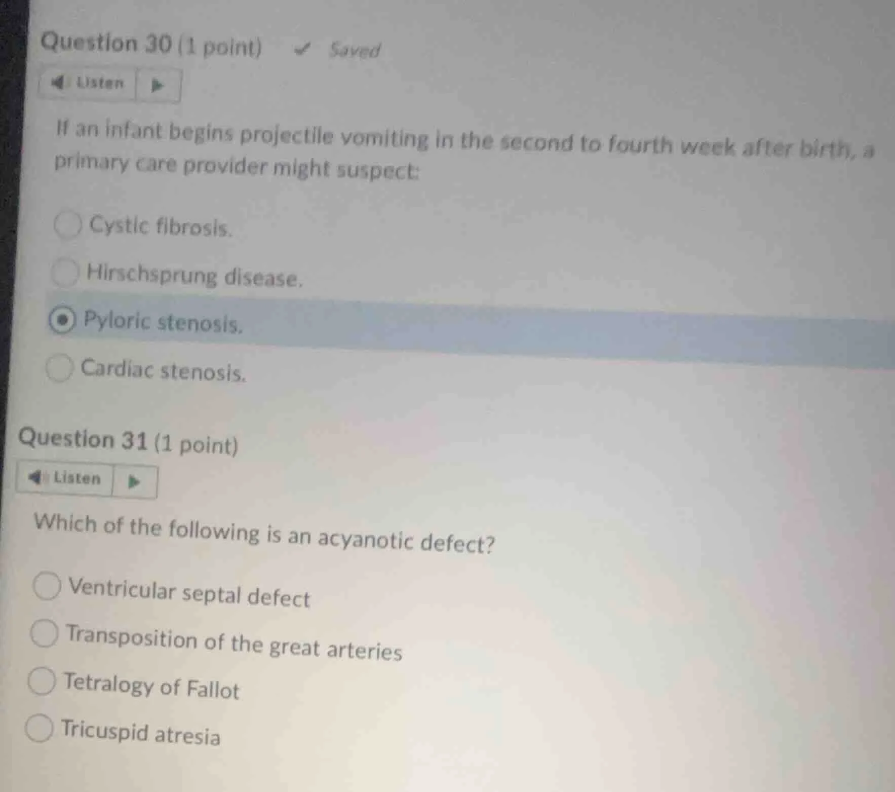 question 30 (1 point) ✔ saved listen if an infant begins projectile vom…