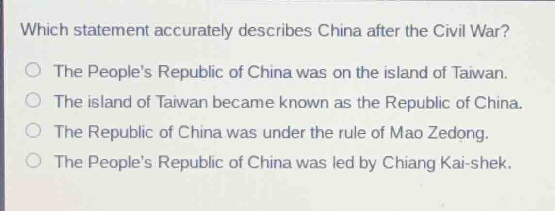 which statement accurately describes china after the civil war? the peo…