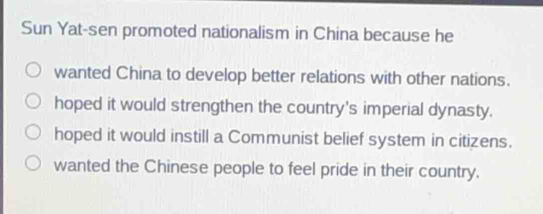 sun yat-sen promoted nationalism in china because he wanted china to de…