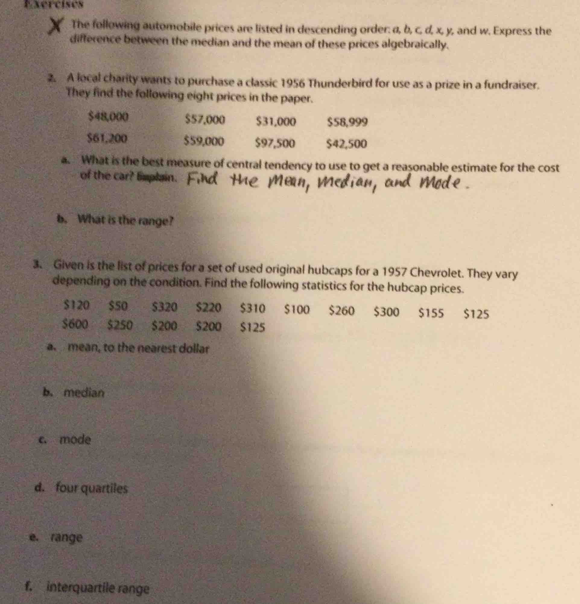 exercises 1. the following automobile prices are listed in descending o…
