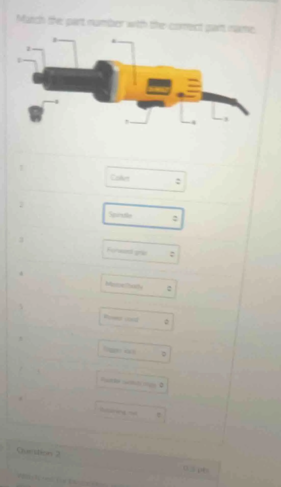 match the part number with the correct part name. question 2