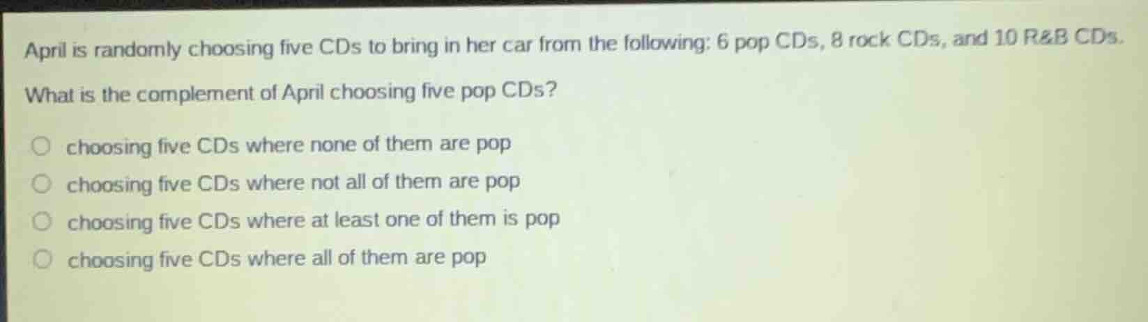 april is randomly choosing five cds to bring in her car from the follow…