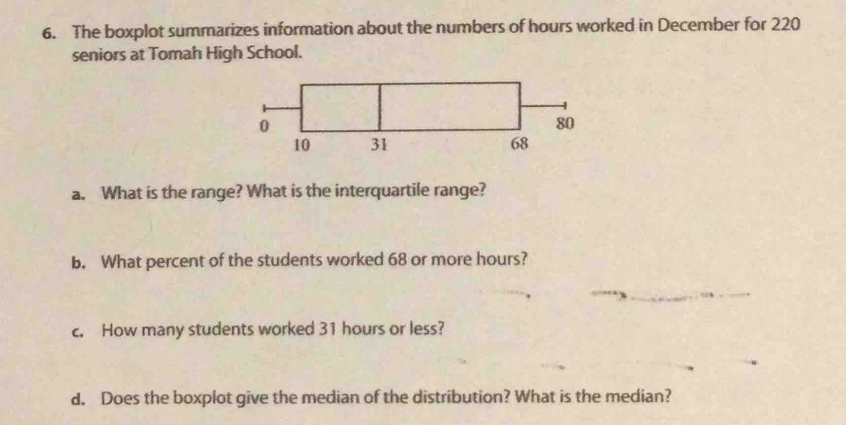 6. the boxplot summarizes information about the numbers of hours worked…
