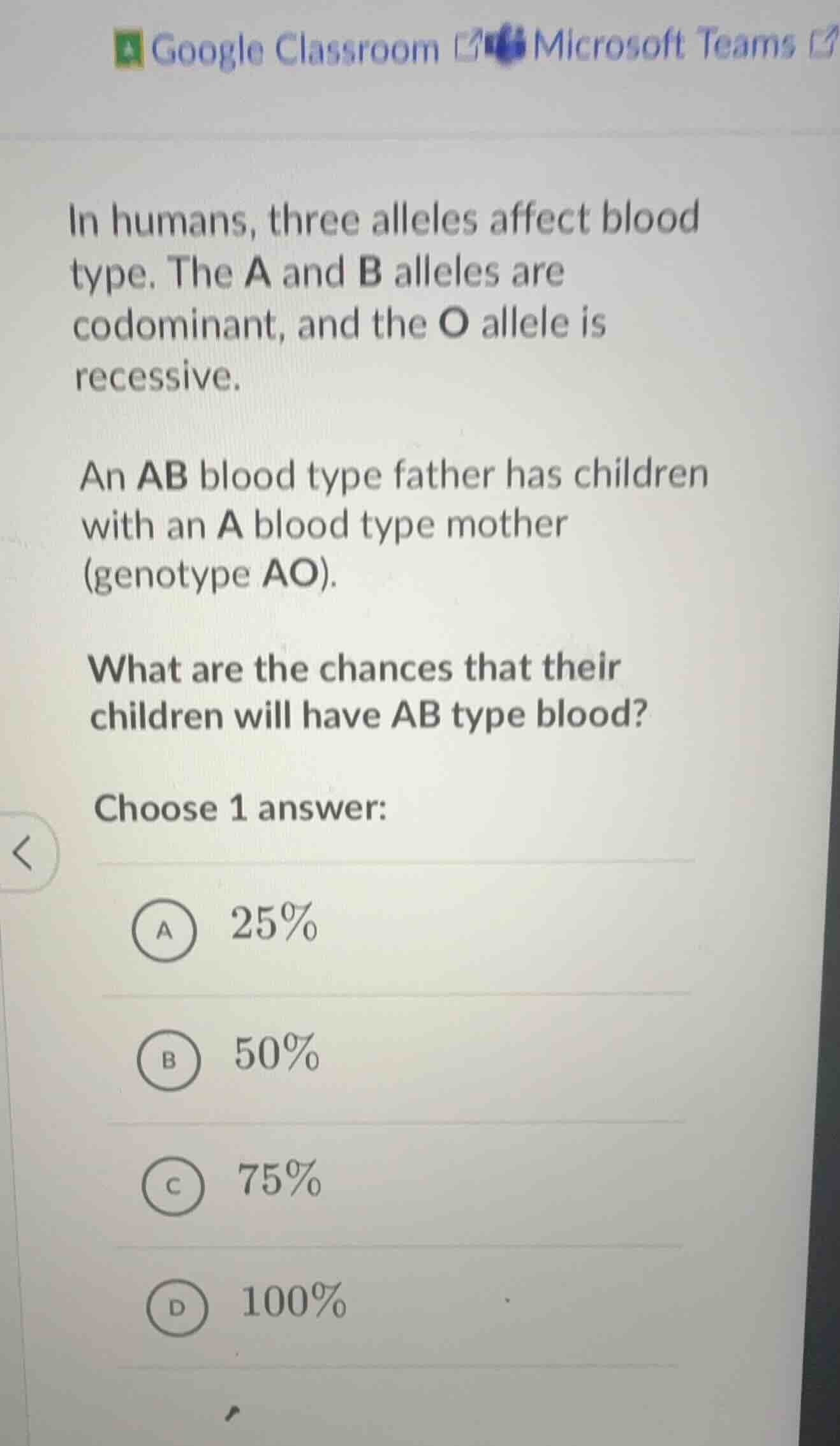 in humans, three alleles affect blood type. the a and b alleles are cod…