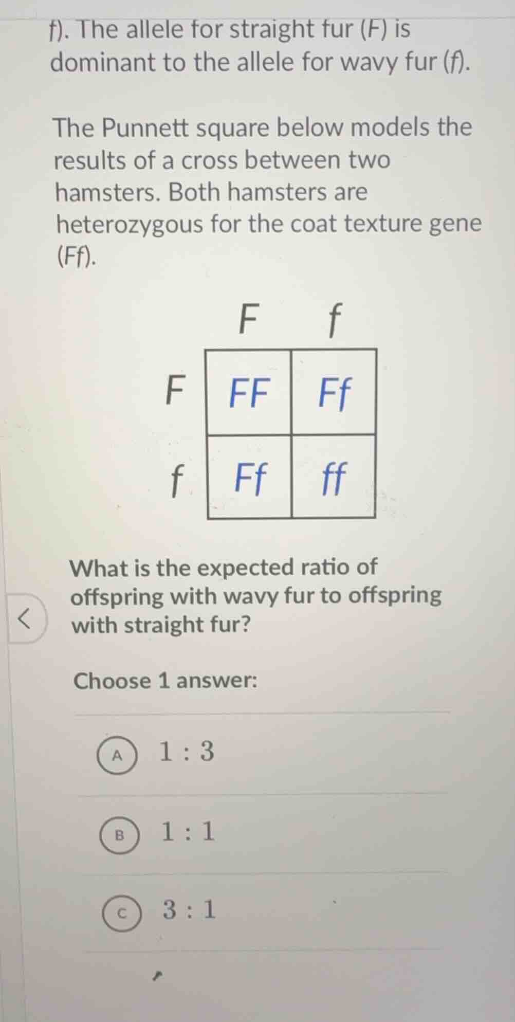 f). the allele for straight fur (f) is dominant to the allele for wavy …