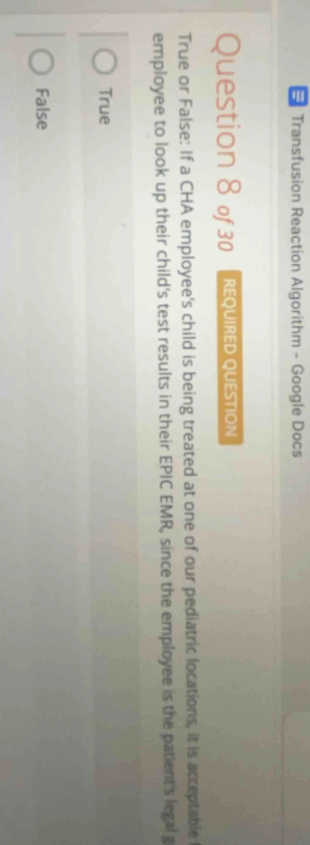 question 8 of 30 required question true or false: if a cha employees ch…