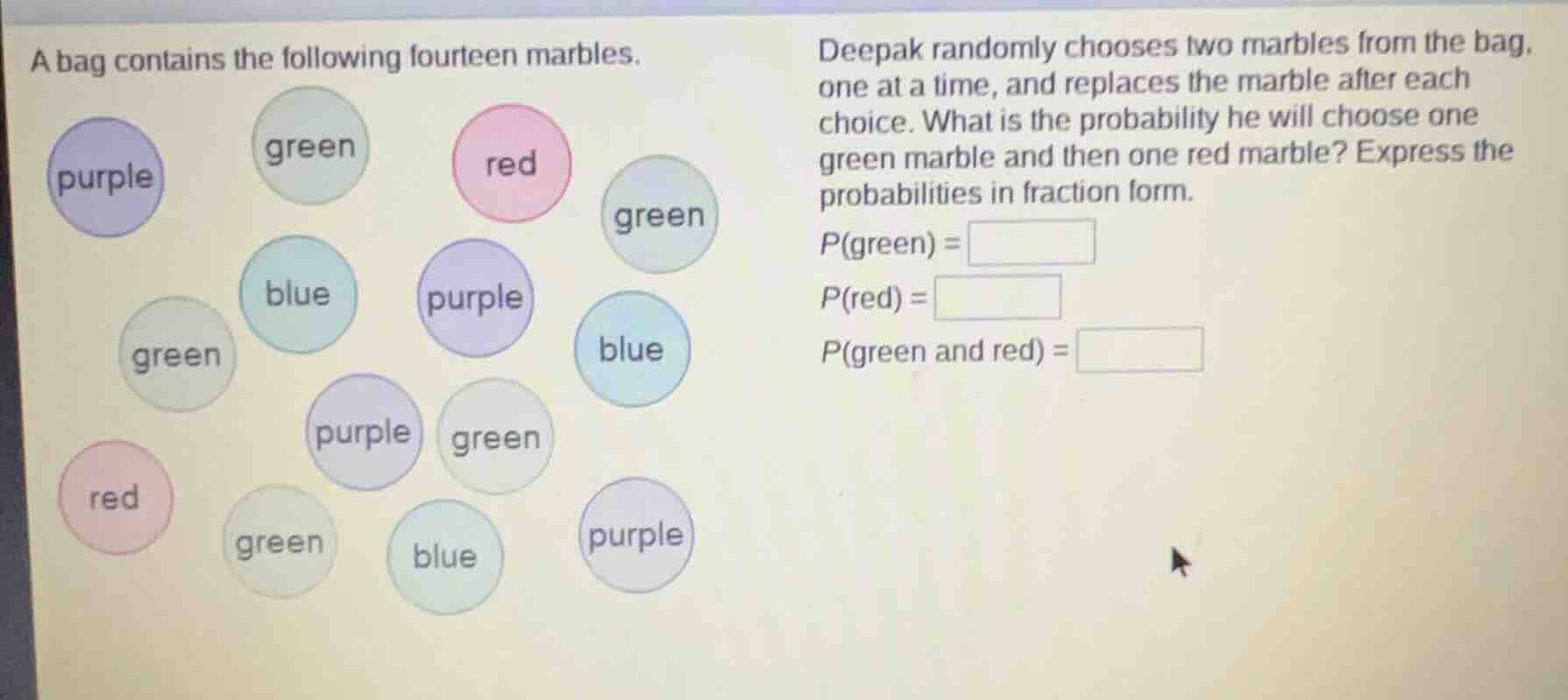 a bag contains the following fourteen marbles. deepak randomly chooses …